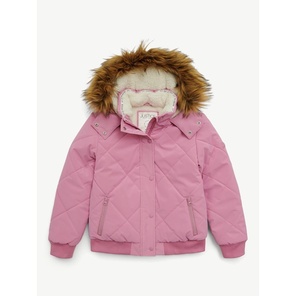 Justice Girls Velvet Puffer Bomber Winter Hooded Coat w Faux Fur Size Small 7/8